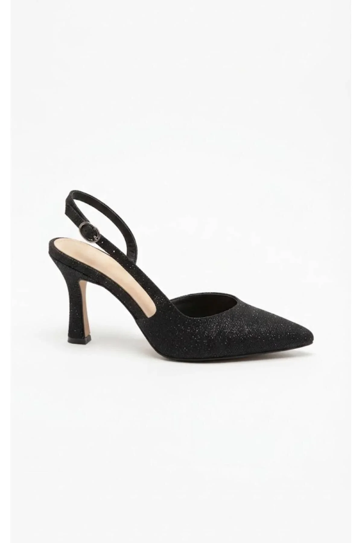 Gece Yıldızı Kadın Gümüş Renk Işıltılı 10 cm Stiletto Arkası Açık Abiye Gece Ayakkabısı