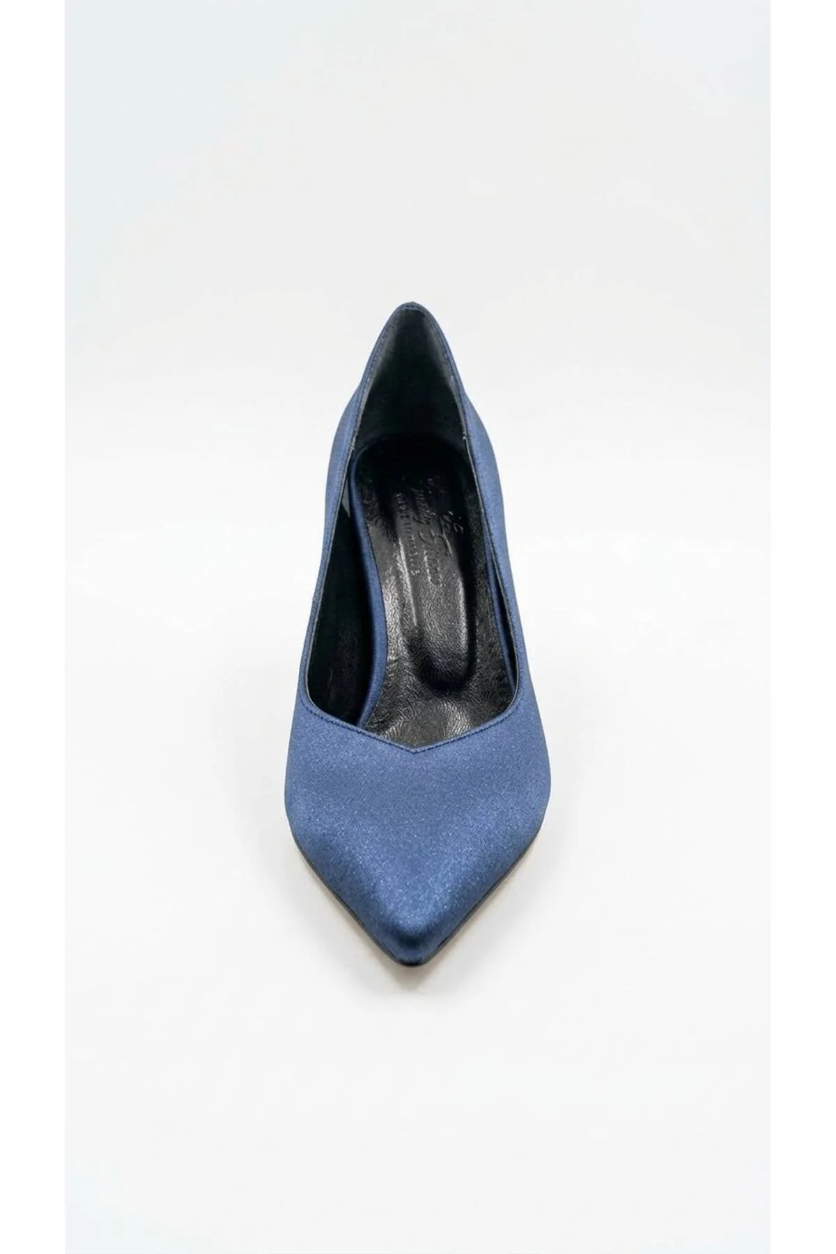 SATİN Kadın Saten Sivri Burun Önü Şerit Detaylı 7 cm İnce Topuklu Stiletto — Lacivert SATEN