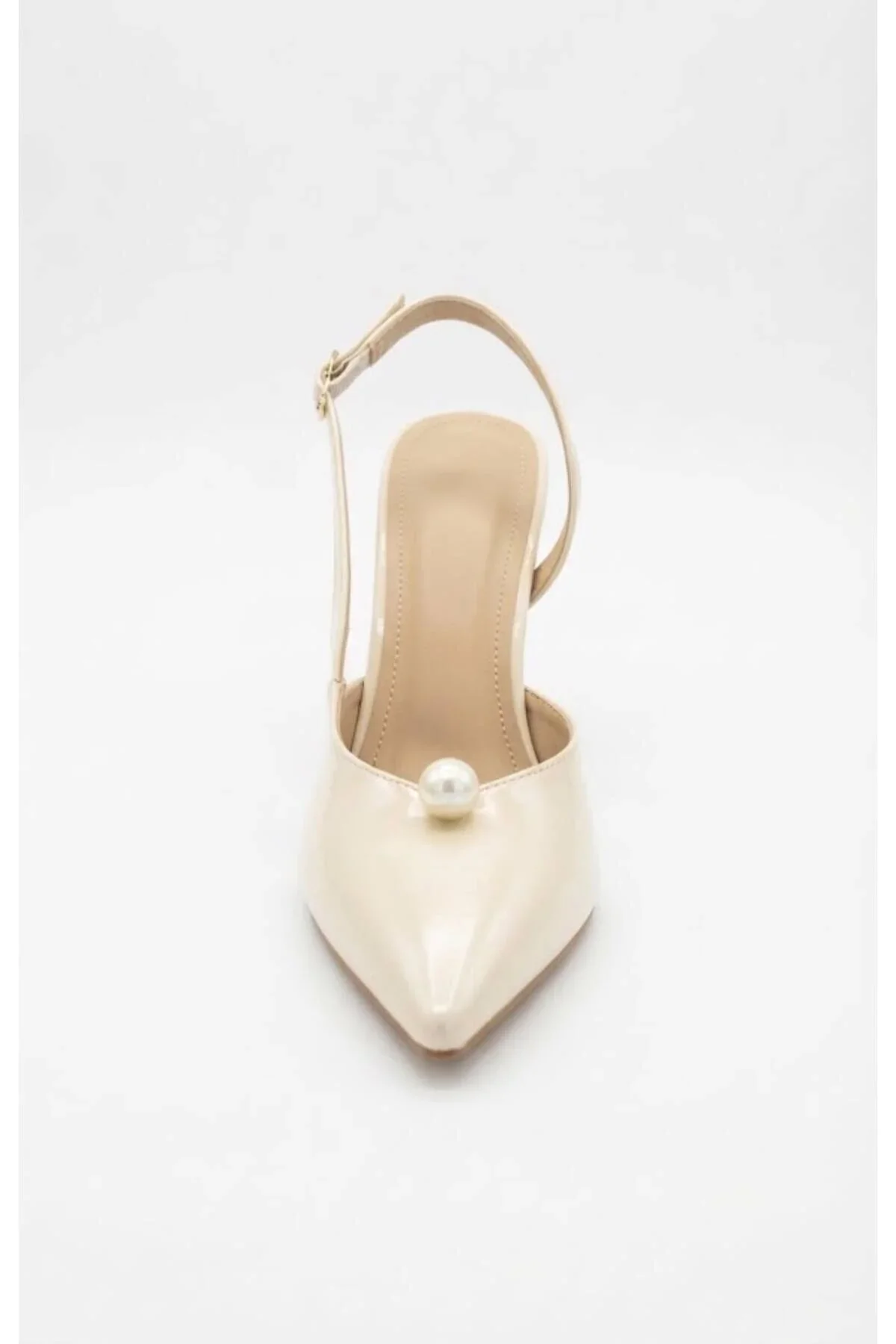İnci Damlası İnci Detaylı Sivri Burun 10 cm İnce Topuklu Slingback Gelin Ayakkabısı